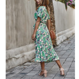 Long Dress Women Casual Floral Boho Dress 2020 Loose Chiffon Party Dresses Beach V Neck Dress Short Sleeve Dress Sexy Maxi Dress