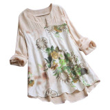 Vintage V-Neck Floral Printing Patch Long Sleeves Top Blouse