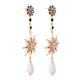 Purple Crystal Simulated Pearl Teardrop Flower Dangle Earrings