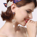 Purple Crystal Simulated Pearl Teardrop Flower Dangle Earrings