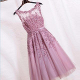 Dust Pink Beaded Lace Appliques Short Prom Dresses Robe De Soiree Knee Length Party Evening Dress