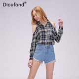 Dioufond Spring Red Plaid Off Shoulder Tops Shirts For Women Long Sleeve Blouse Sexy Blouses V Neck Women Tops Blusas Femininas