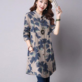 Spring New Fashion Floral Print Cotton Linen Blouses Korean Casual Long Sleeve Shirt Women Plus Size Women Top With Pockets