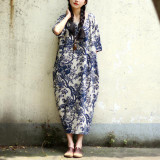 Johnature Cotton Linen Vintage Flower Pint Women Dress Half Sleeve O-neck Washed Plus Size Loose  New Spring Women Robe