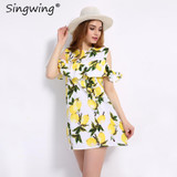 Singwing Fashion Women Off shoulder Lemon Print Dress Above Knee Mini O-neck Dress Summer Women's Dresses