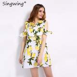 Singwing Fashion Women Off shoulder Lemon Print Dress Above Knee Mini O-neck Dress Summer Women's Dresses