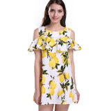 Singwing Fashion Women Off shoulder Lemon Print Dress Above Knee Mini O-neck Dress Summer Women's Dresses