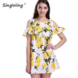Singwing Fashion Women Off shoulder Lemon Print Dress Above Knee Mini O-neck Dress Summer Women's Dresses