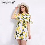 Singwing Fashion Women Off shoulder Lemon Print Dress Above Knee Mini O-neck Dress Summer Women's Dresses