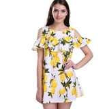 Singwing Fashion Women Off shoulder Lemon Print Dress Above Knee Mini O-neck Dress Summer Women's Dresses
