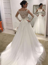 Off Shoulder Long Sleeve Lace Tulle Ball Gown Wedding Dresses , AB1507