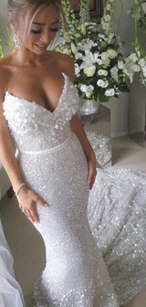 White Sequin Applique Strapless Mermaid Train Wedding Dresses , AB1523