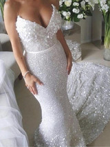 White Sequin Applique Strapless Mermaid Train Wedding Dresses , AB1523