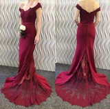 Burgundy 2019 Cheap Mermaid Off The Shoulder Lace Long Wedding Bridesmaid Dresses For Women