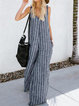 Spring and autumn striped stitching wide leg sleeveless jumpsuit