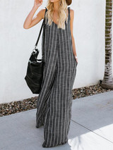 Spring and autumn striped stitching wide leg sleeveless jumpsuit