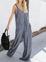 Spring and autumn striped stitching wide leg sleeveless jumpsuit