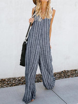 Spring and autumn striped stitching wide leg sleeveless jumpsuit
