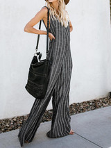 Spring and autumn striped stitching wide leg sleeveless jumpsuit