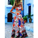 Women Boho Two Piece Set Summer Dress Vintage Printed Pad Crop Top Sexy Maxi Dress Plus Size Elegant Beach Dresses Long Vestidos