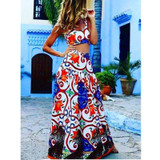 Women Boho Two Piece Set Summer Dress Vintage Printed Pad Crop Top Sexy Maxi Dress Plus Size Elegant Beach Dresses Long Vestidos