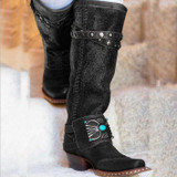 Women Knee High Heels Ethic Shoes Vintage PU Leather High Boots