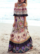 Bohemia Off-shoulder Floral Tassel Maxi Dress