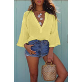 Deep V-neck Blouse Loose Casual Long Sleeve T-shirt Beach Outfit