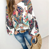 Boho Blouse Floral Print Lantern Sleeve Shirt Sexy Lace-up Tassel O Neck Women Tops