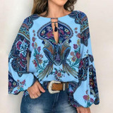 Boho Blouse Floral Print Lantern Sleeve Shirt Sexy Lace-up Tassel O Neck Women Tops