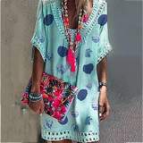 Vacation V Collar Lace Split Joint Printed Loose Dress