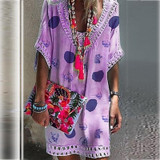 Vacation V Collar Lace Split Joint Printed Loose Dress