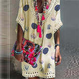 Vacation V Collar Lace Split Joint Printed Loose Dress