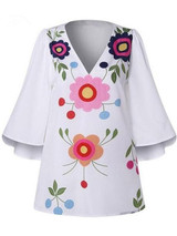 Summer Loose Trumpet Sleeve  V-Neck Floral Blouse Tops