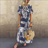 Printed Round-necked Short-sleeved Long Dress for Women