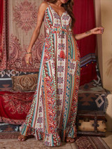 Vintage Boho Ptinted V Neck Spaghetti Strap Sleeveless Falbala Maxi Dress