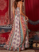 Vintage Boho Ptinted V Neck Spaghetti Strap Sleeveless Falbala Maxi Dress