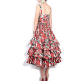 Spaghetti Strap Backless Floral Print Cascading Ruffle Beach Dress