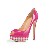 Platform Peep Toe Patent Leather Plaid High Heel Pump
