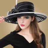 Vintage Organza Church Elegant Kentucky Derby Wide Brim Hats Big Flowers Feather