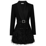 Black Shawl Collar Feather Blazer with Belt Dress