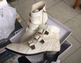 Round Toe Rivet Flower Boots Genuine Leather Ankle Boots