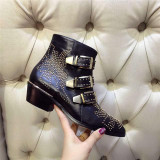 Round Toe Rivet Flower Boots Genuine Leather Ankle Boots
