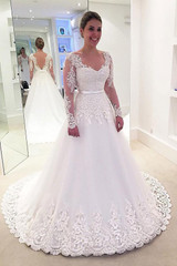 White A Line Court Train Long Sleeve Layers Appliques Wedding Dress,Wedding Gowns W292