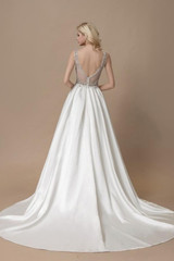 White A Line Court Train V Neck Sleeveless Sheer Back Wedding Gown,Wedding Dress W167