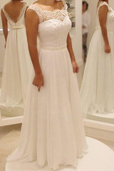 White A Line Brush Train Sleeveless Deep V Back Chiffon Beach Wedding Gown,Wedding Dress W170