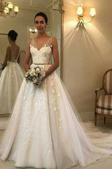 Simple Sweethert Tulle Sleeveless With Lace Appliques Wedding Dresses W344