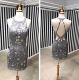 Silver Beading Rhinestone Open Back Sheath Homecoming Dresses,HD0041