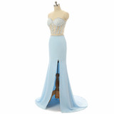 Two Piece Prom Dress Long 2020 Blue Mermaid Sweetheart Beaded Appliques Split Chiffon Evening Gown Backless Prom Dress Prom Gown