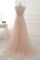 Elegant tulle  lace Applique evening dress pink round neck lace applique long A line prom graduation dress